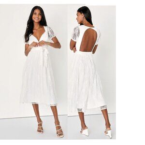Lulus Romantic Prose White Lace Puff Sleeve Midi Skater Dress Size Small NWOT